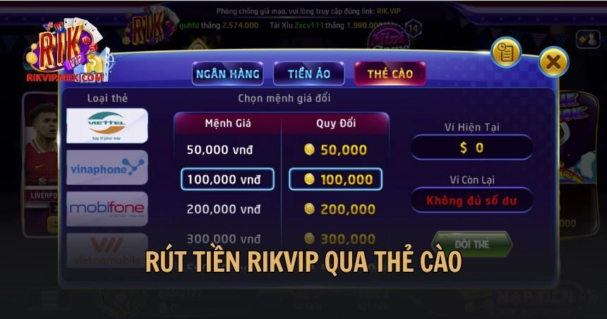 Rút tiền Rikvip qua thẻ cào